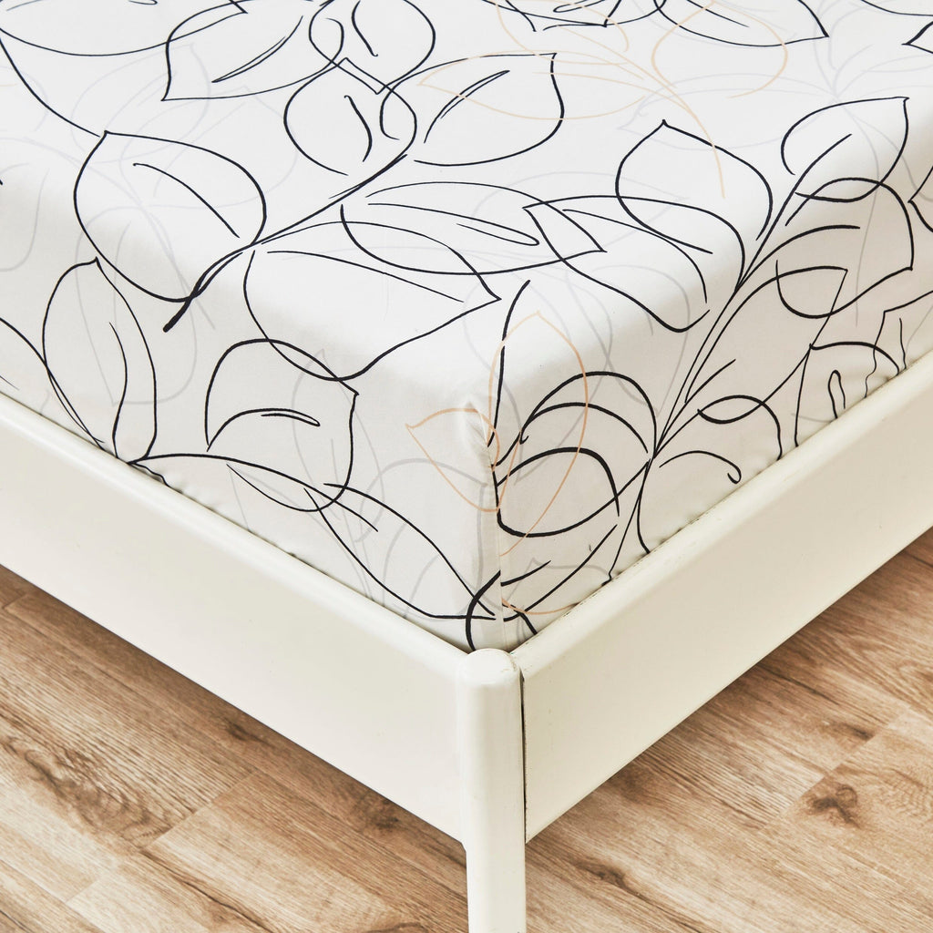 Tache Modern Abstract Leaf Line Art Foliage White Grey Black Gold Fitted Sheet / Flat Sheet (TJ3571)