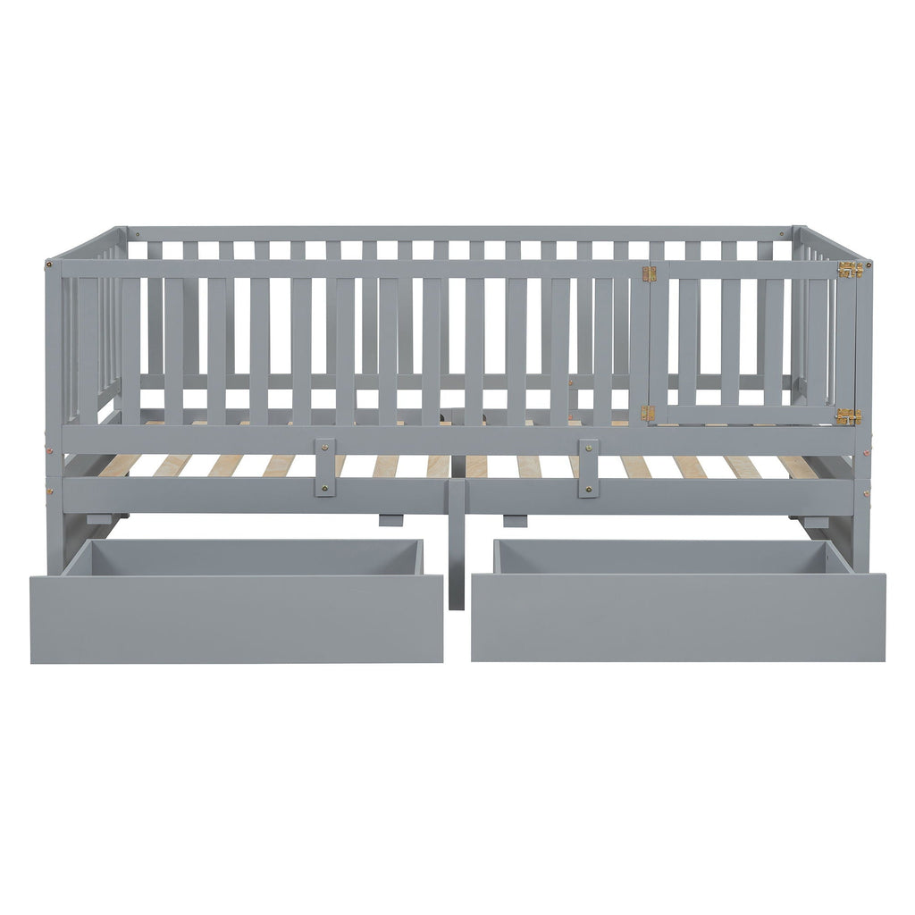 Daybed With Fence Guardrails And 2 Drawers, Split Into Independent Floor Bed & Daybed
