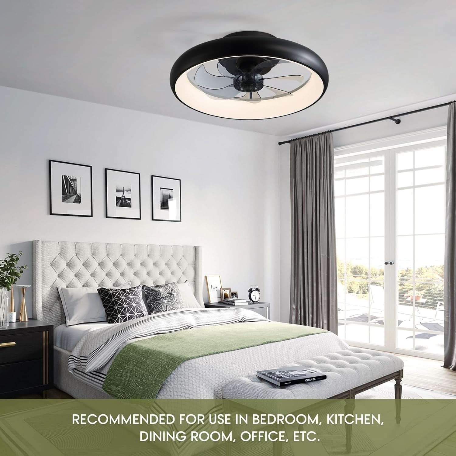 20 Inch Black Flush Mount Ceiling Fan With Dimmable Lights