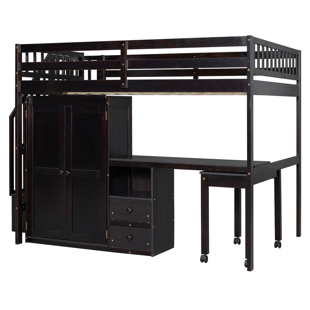 Loft Bed With Stairs, Bookshelf, Drawers, Desk & Wardrobe, Space Saving Multifunctional Furniture