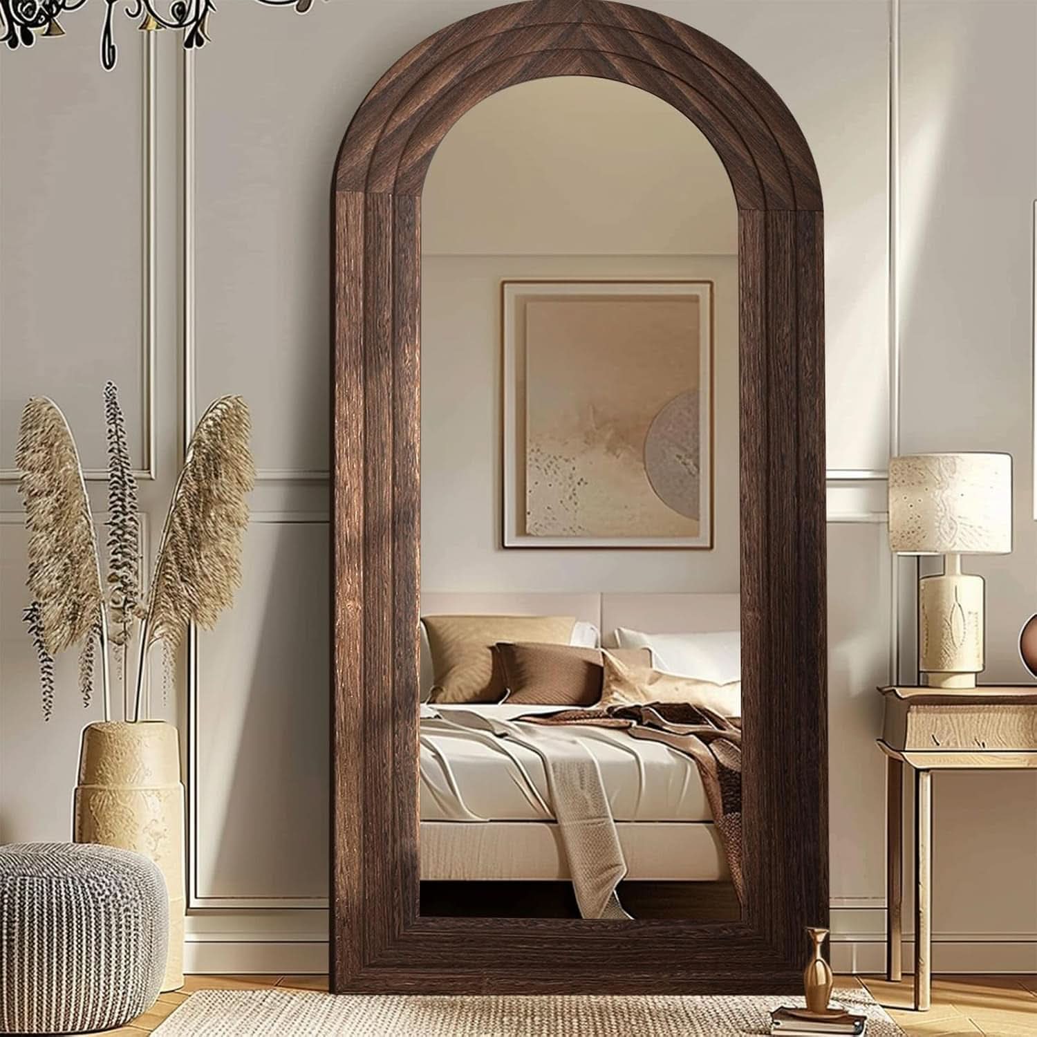 Arched Full Length Mirror 71x32 Inch Brown Solid Wood Frame