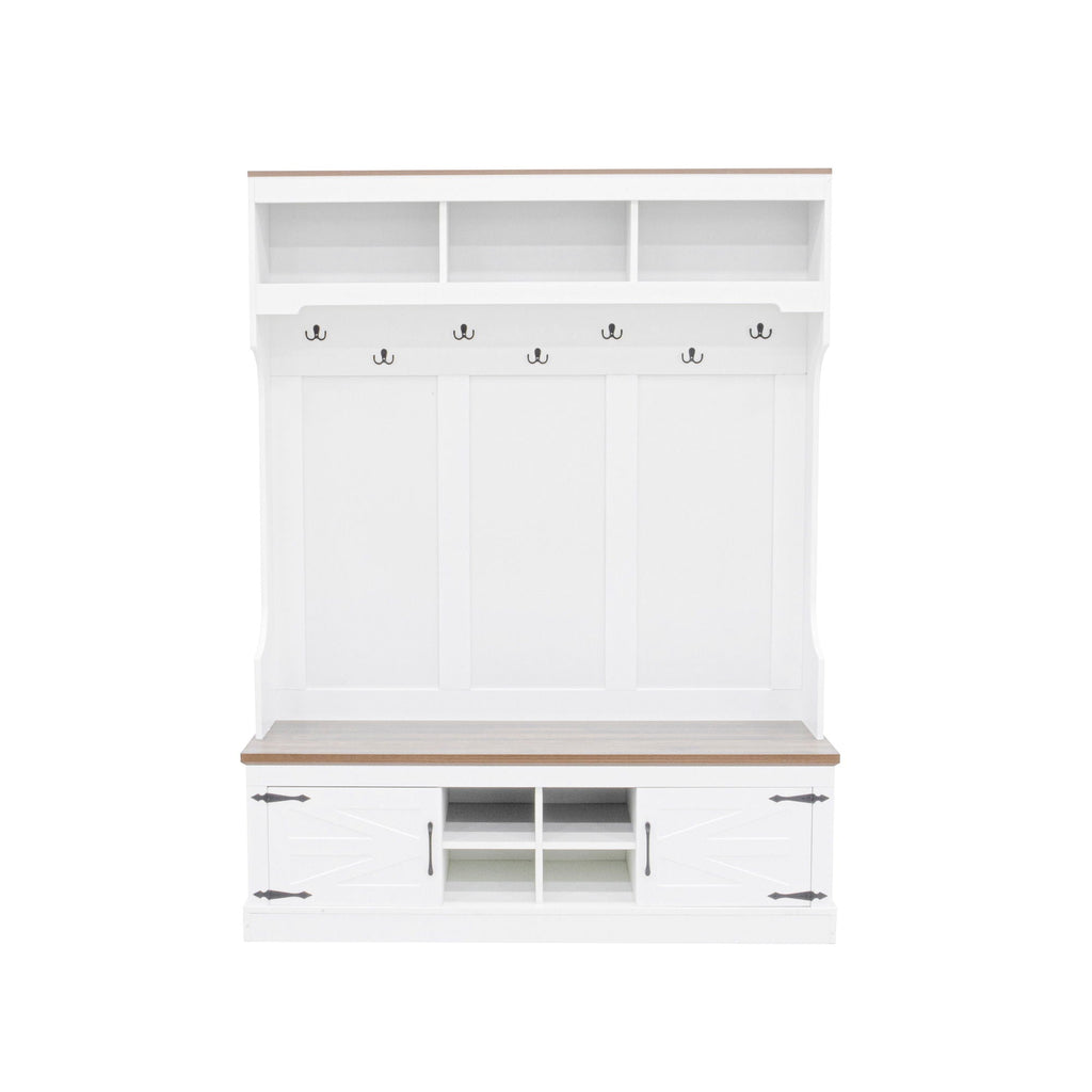 Hall Tree With Bench And Shoe Storage, 5 In 1 Entryway Organizer Cabinet With Coat Rack, 4 Shoe Cubbies & 7 Hooks - White