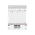 Hall Tree With Bench And Shoe Storage, 5 In 1 Entryway Organizer Cabinet With Coat Rack, 4 Shoe Cubbies & 7 Hooks - White