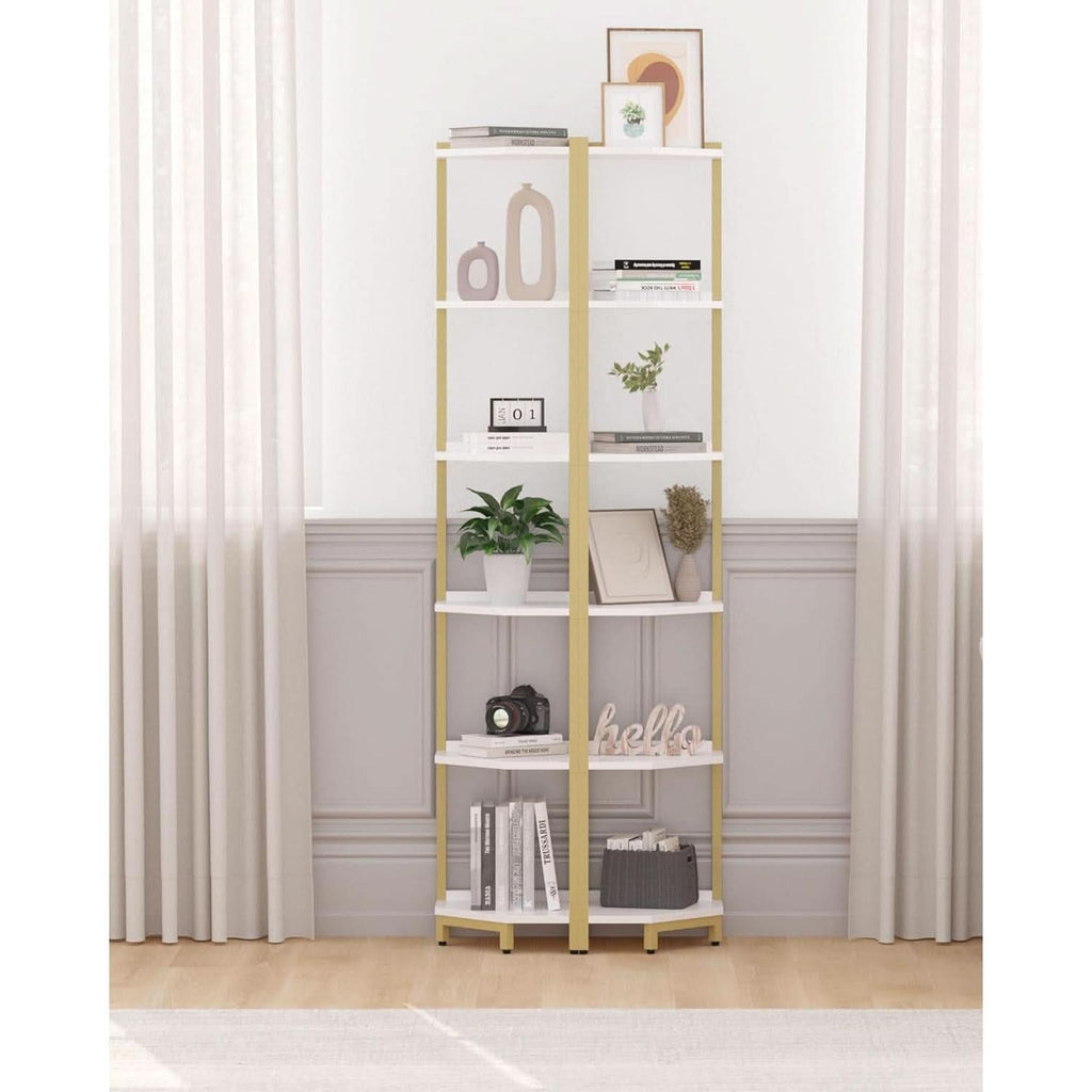 6-Tier Corner Shelf Stand White Gold Finish For Living Room