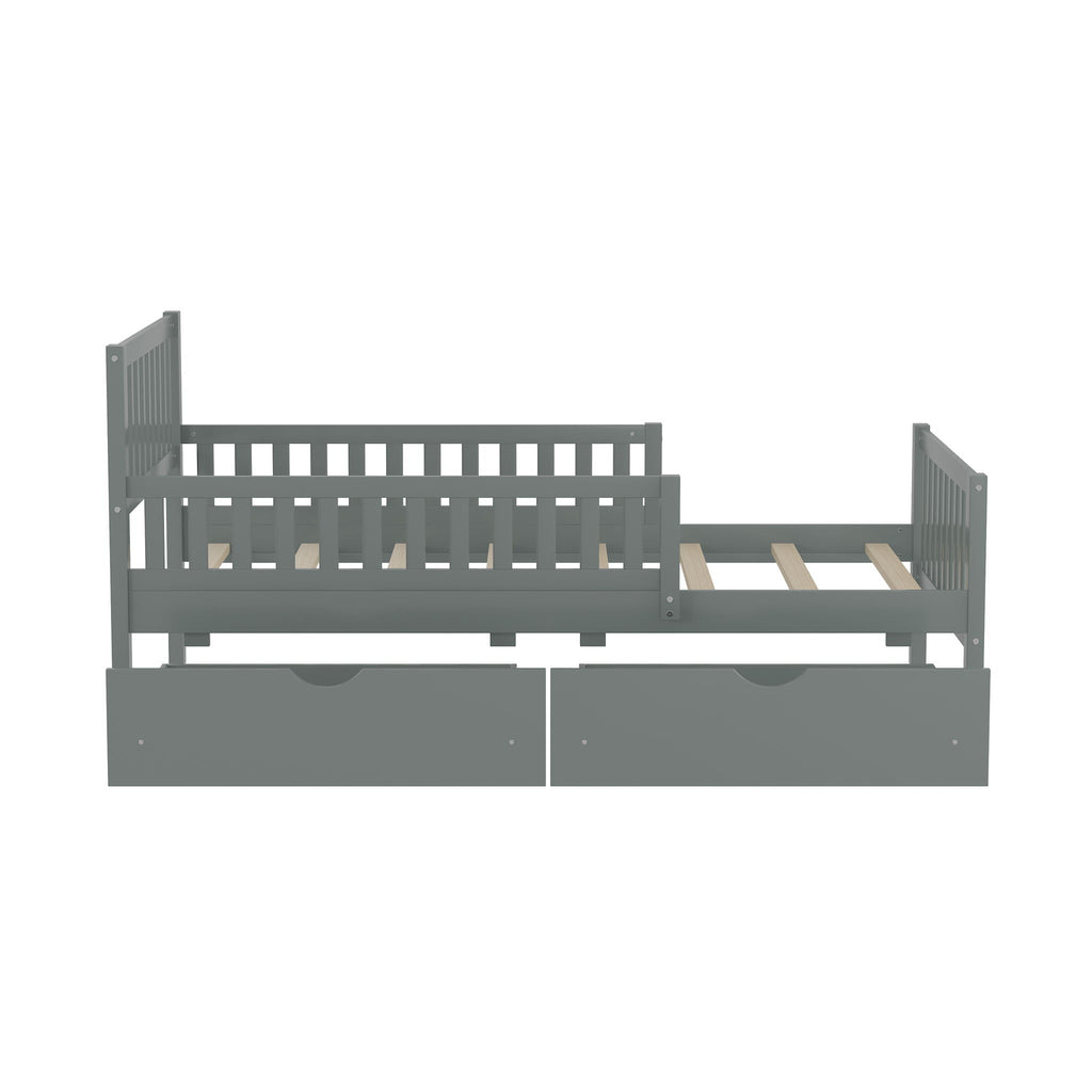Platform Bed With Guardrails On Both Sides And 2 Storage Drawers