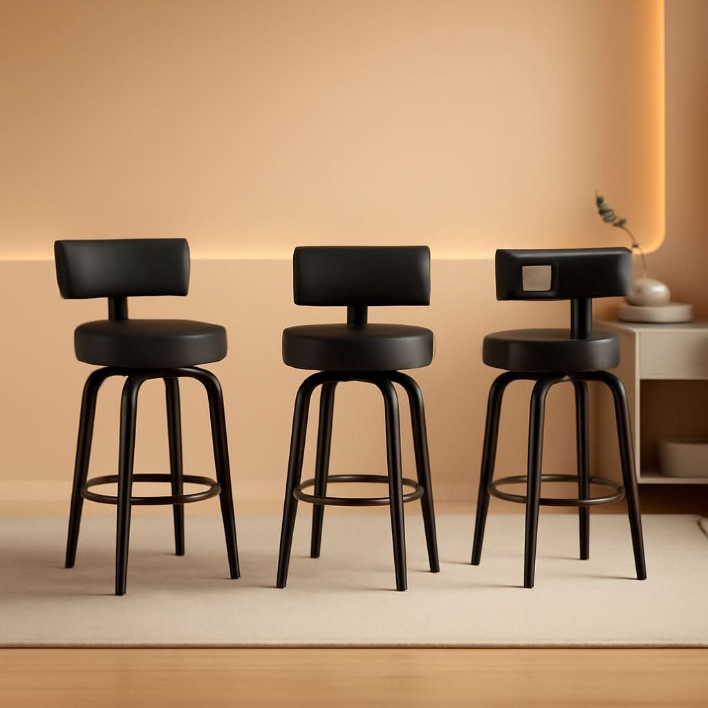 29 Inch Counter Height Black Faux Leather Swivel Bar Stools With Back Set Of 3