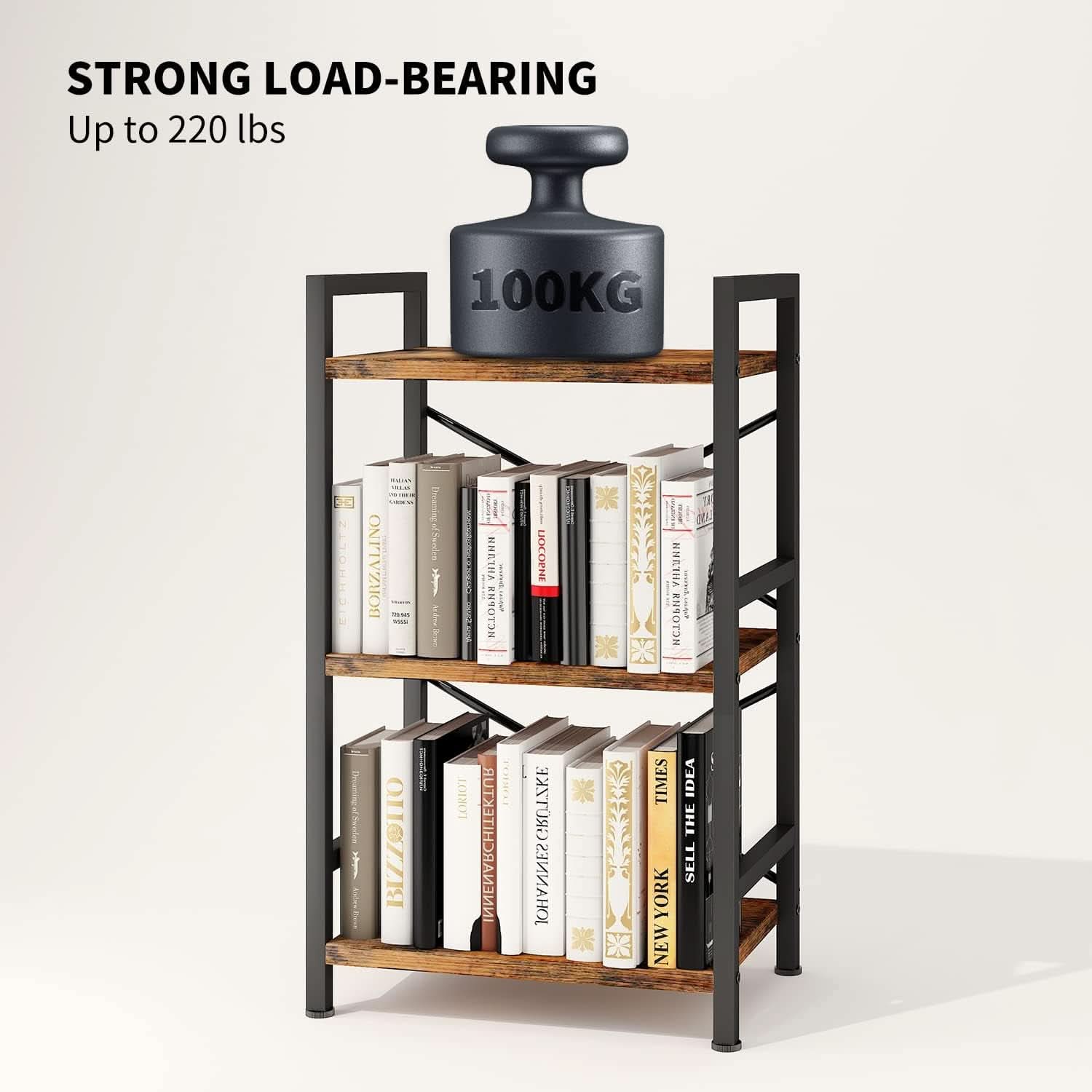 Rustic Brown 3 Tier Metal Bookshelf For Living Room