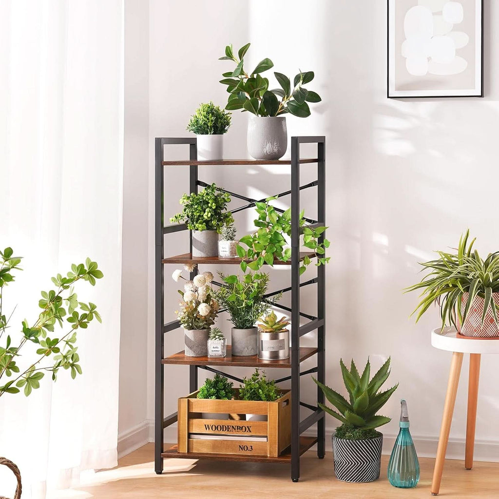Industrial 4 Tier Narrow Bookcase Berry Brown Space Saving