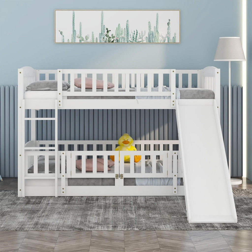 Low Bunk Bed With Slide, Fence And Ladder