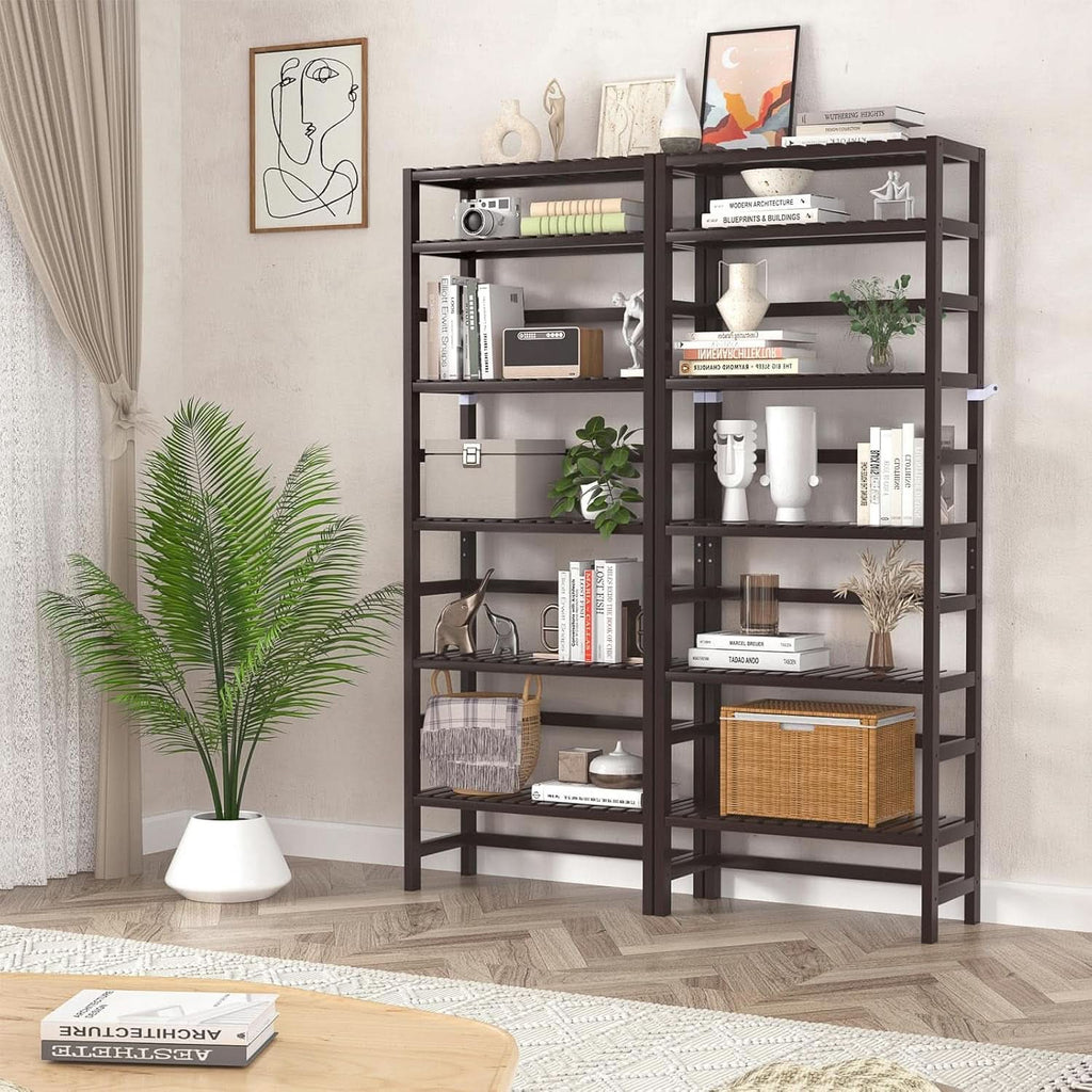 6-Tier Bamboo Bookcase Espresso 63.4 Inch Tall Freestanding Shelf