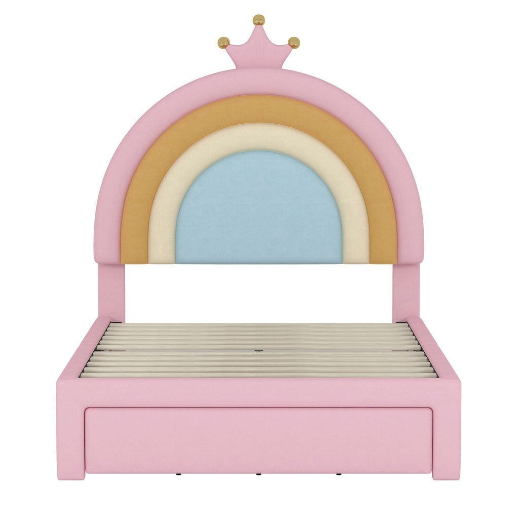 Upholstered Rainbow Design Bed, Princess Platform Bed With Storage Drawer