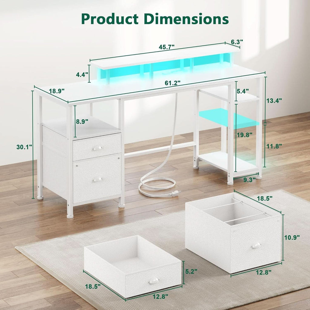 Sixty One Inch Computer Desk LED Illumination White Finish