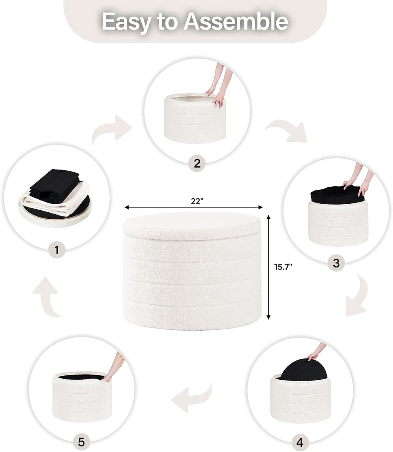 White Twenty TwoIn Round Sherpa Boucle Ottoman Tray