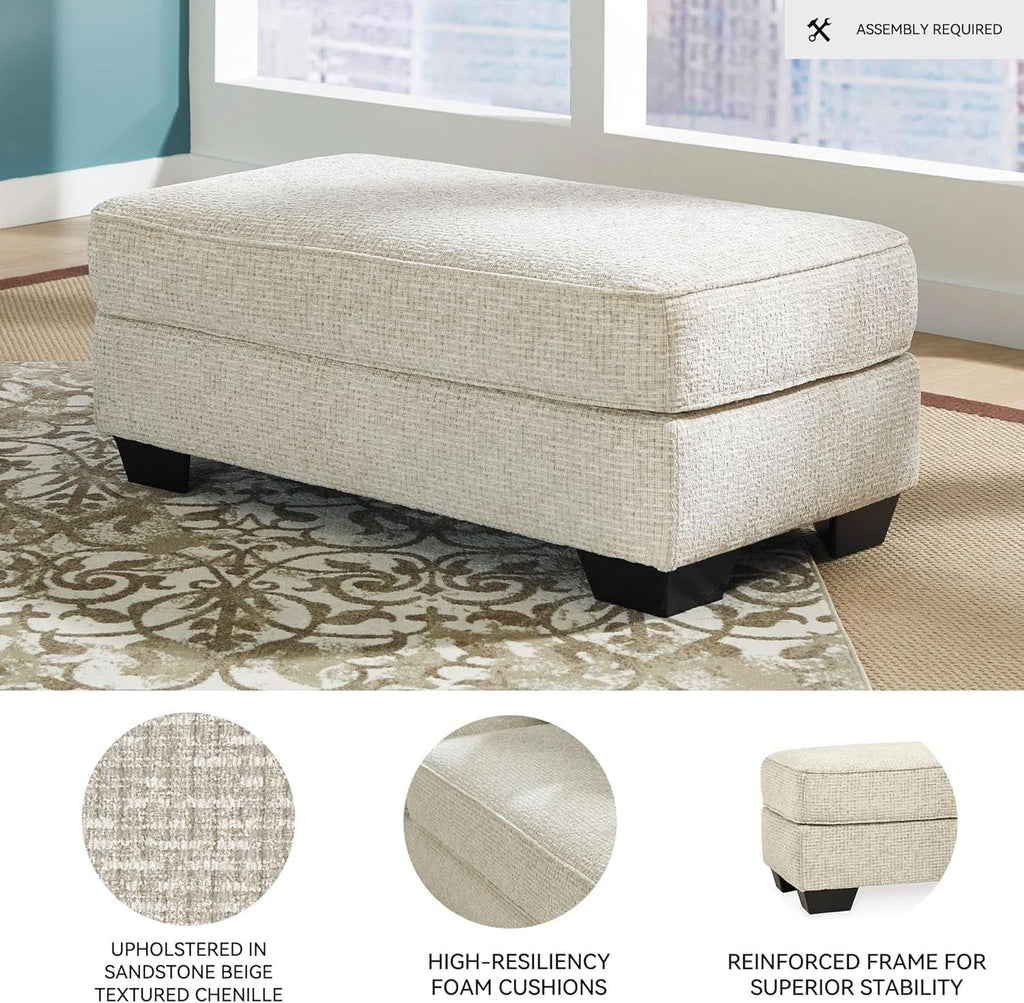 Beige Chenille Upholstered Ottoman With Cushioned Comfort