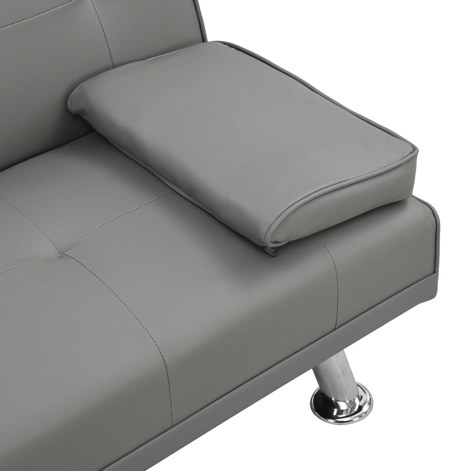 Sofa Bed With Armrest Two Holders Wood Frame, Stainless Leg Futon - Gray