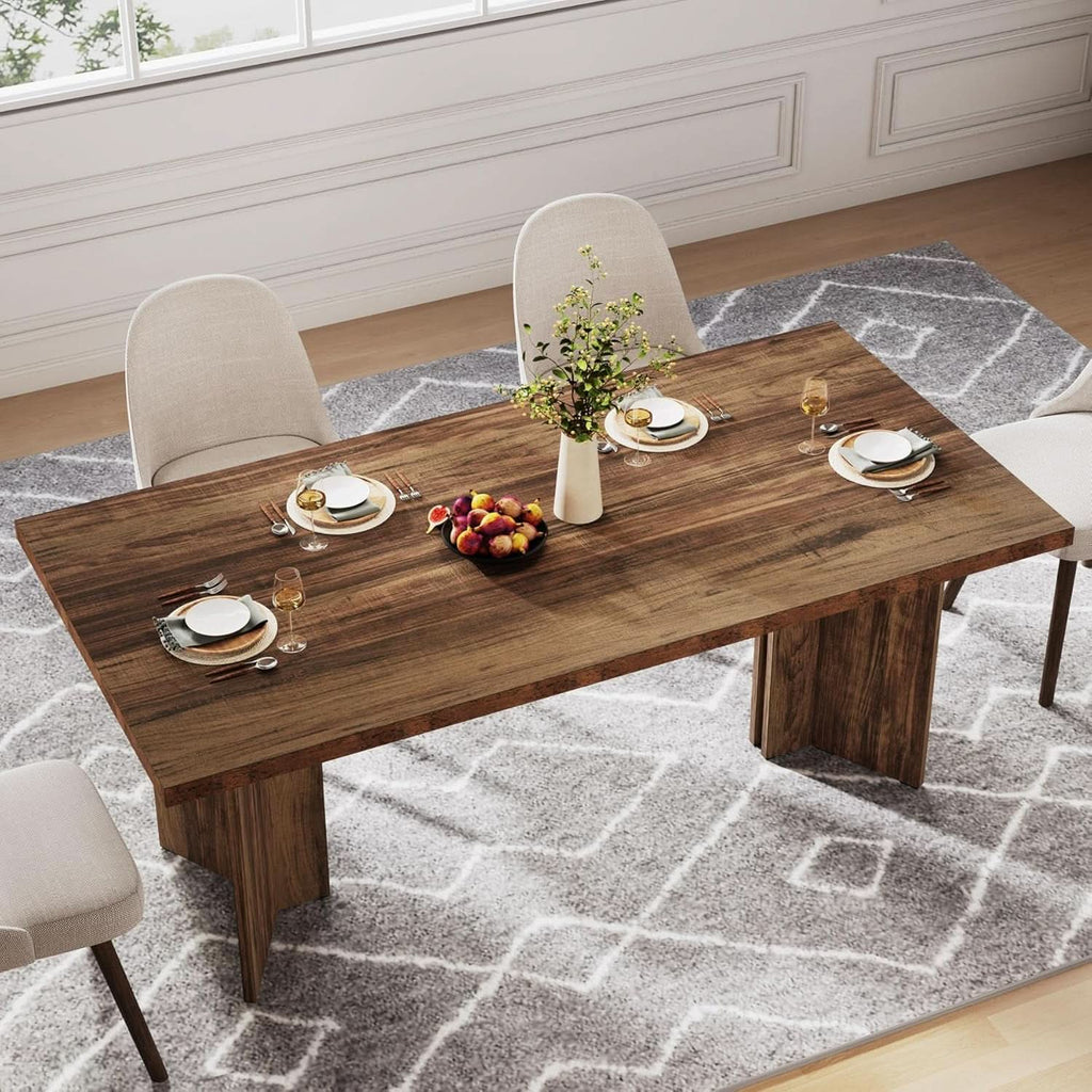 63 Inch Dark Brown Farmhouse Dining Table With Large Tabletop For 4 To 6 People