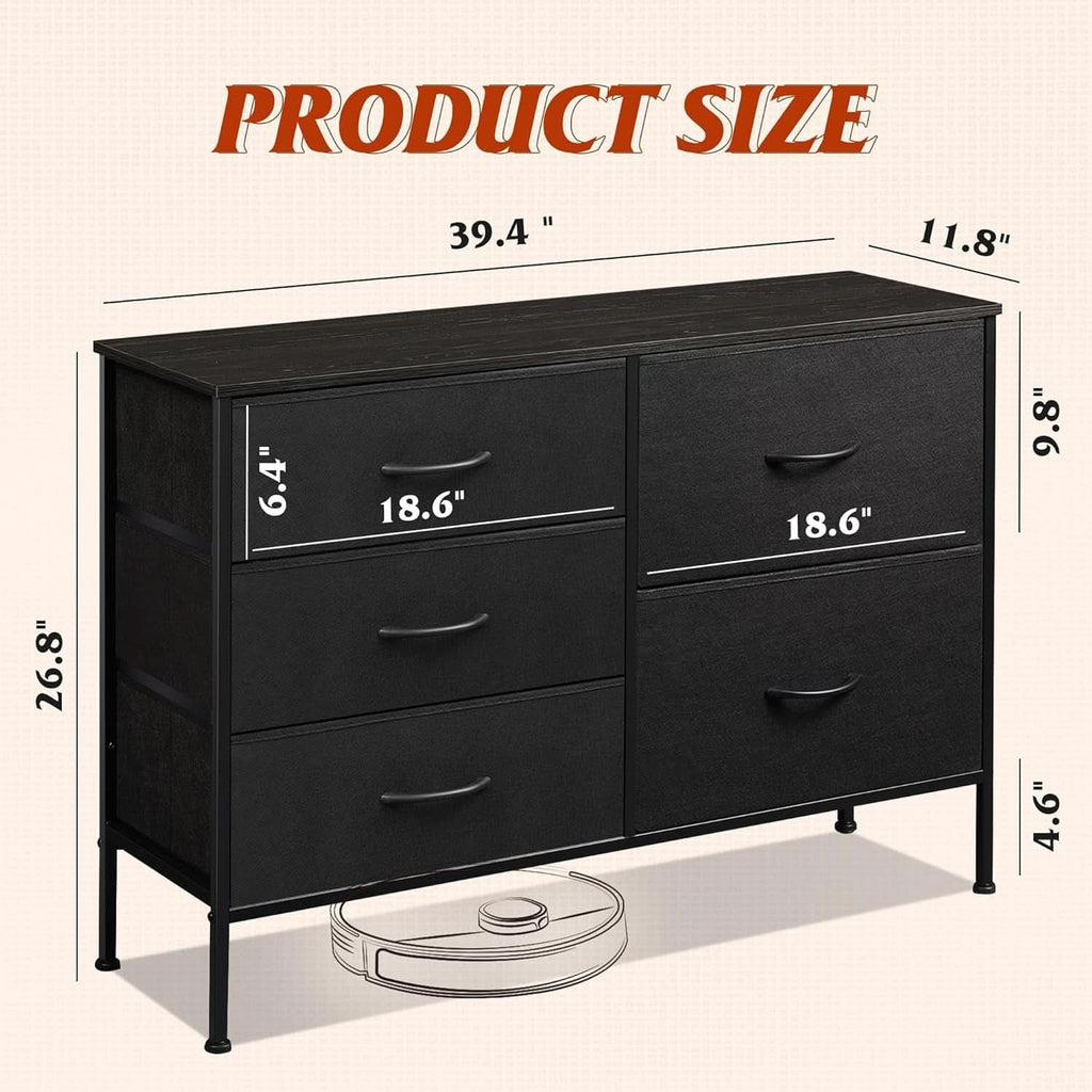 Charcoal Black Fabric Dresser With 5 Drawers For Bedroom Storage
