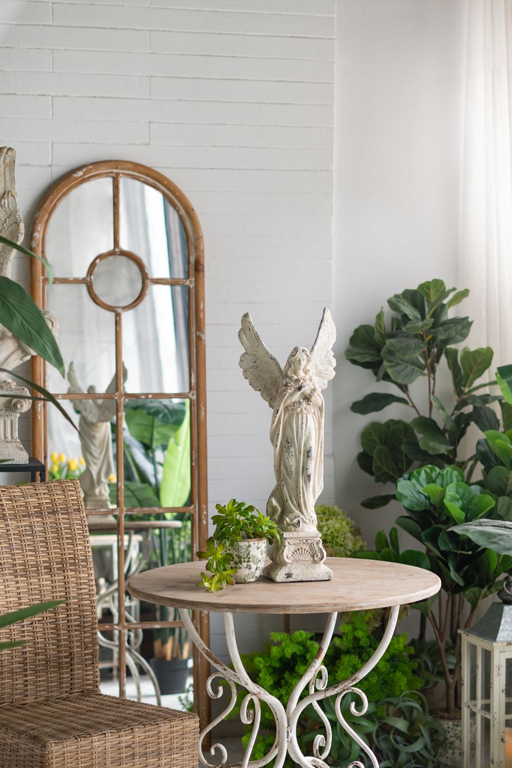 Round Wooden Table With Metal Scrollwork Legs - White Washed