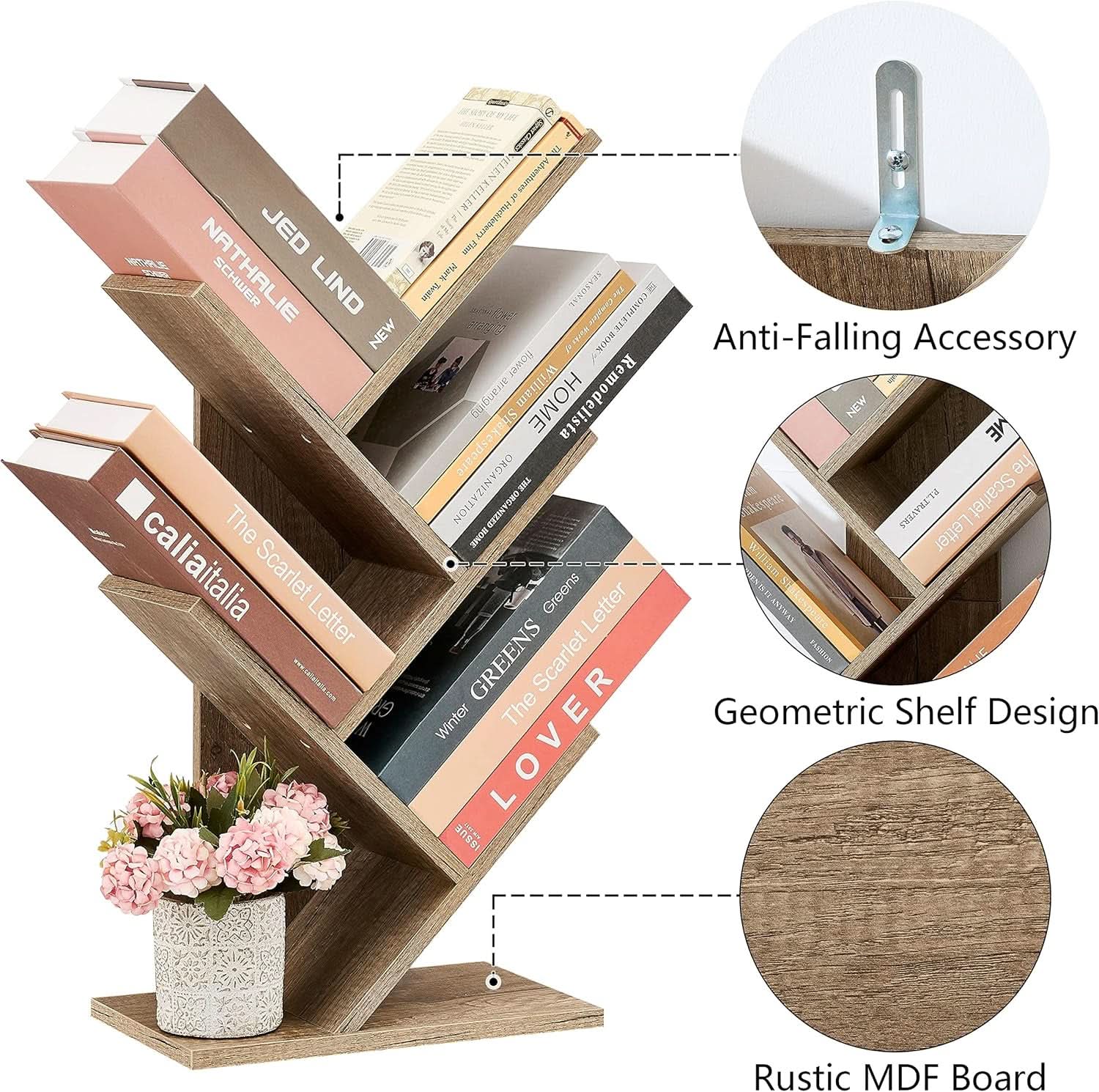 Greige 4 Tier Tree Bookshelf Modern Storage Bookcase