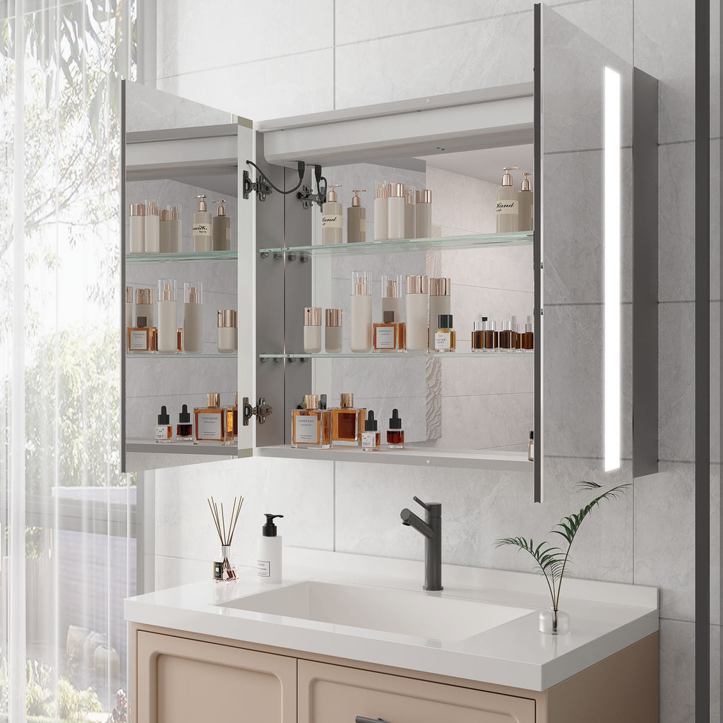 LED Medicine Cabinet With Mirror, Double Door With Defogger, Dimmer, Surface Mount