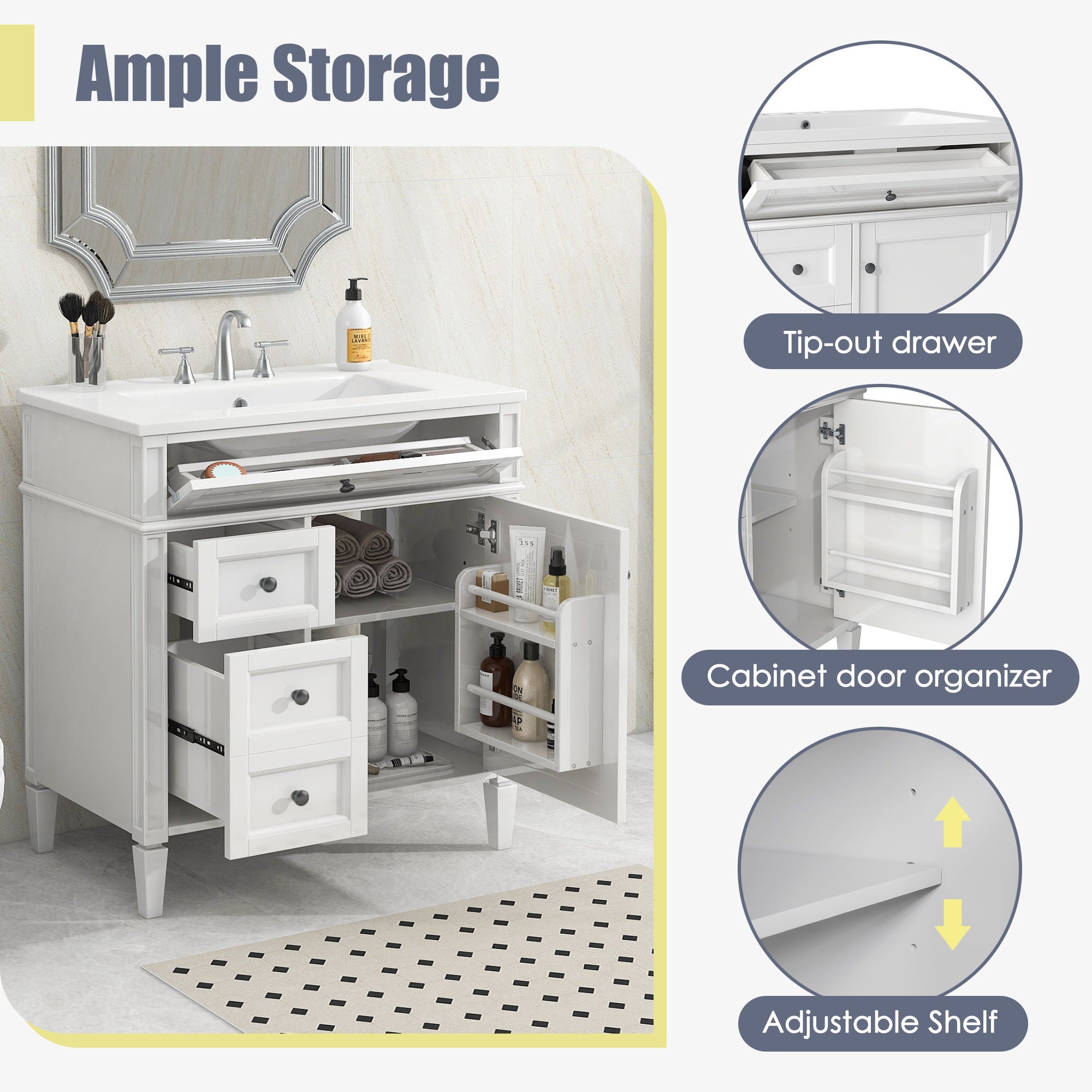 Bathroom Vanity With Top Sink, Storage Cabinet With 2 Drawers, Tip Out Drawer