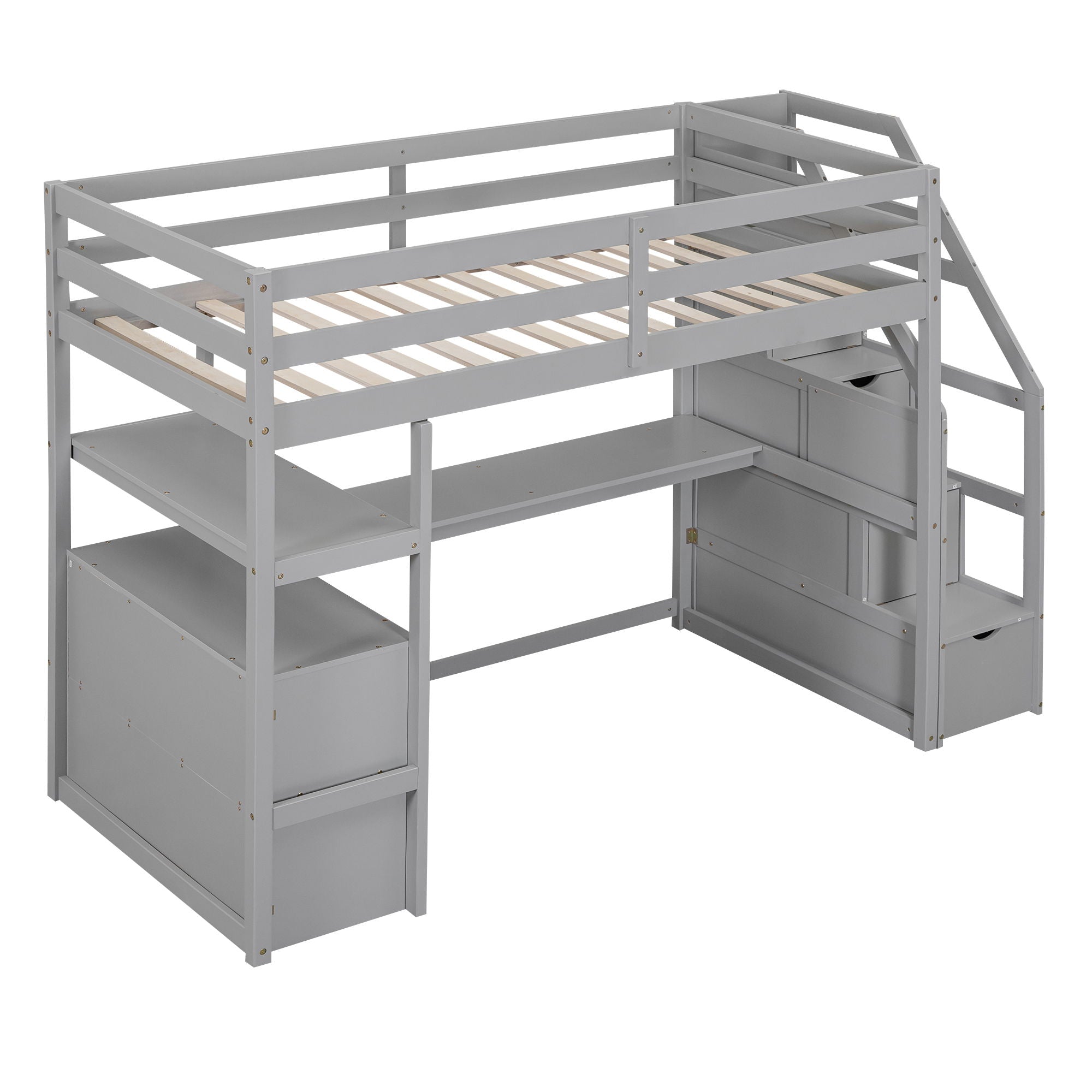 Loft Bed With Desk, Shelves, 2 Drawers, Storage Staircase