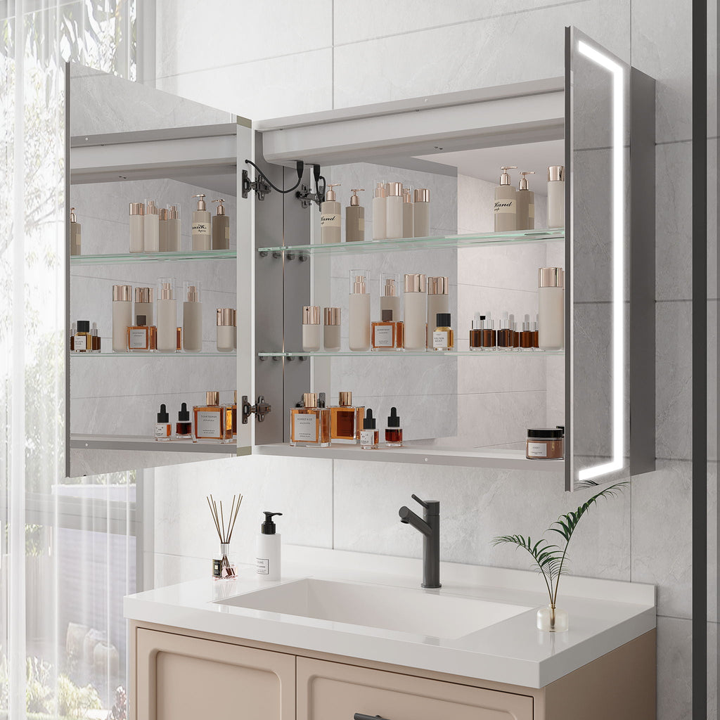 36" X 30" Medicine Cabinet With LED Vanity Mirror, Anti-Fog Recessed Or Surface Mount Bathroom Double Door Large Storage 3000K~6000K Bright Lighted Aluminum Storage Cabinet With Touch Switch - Silver