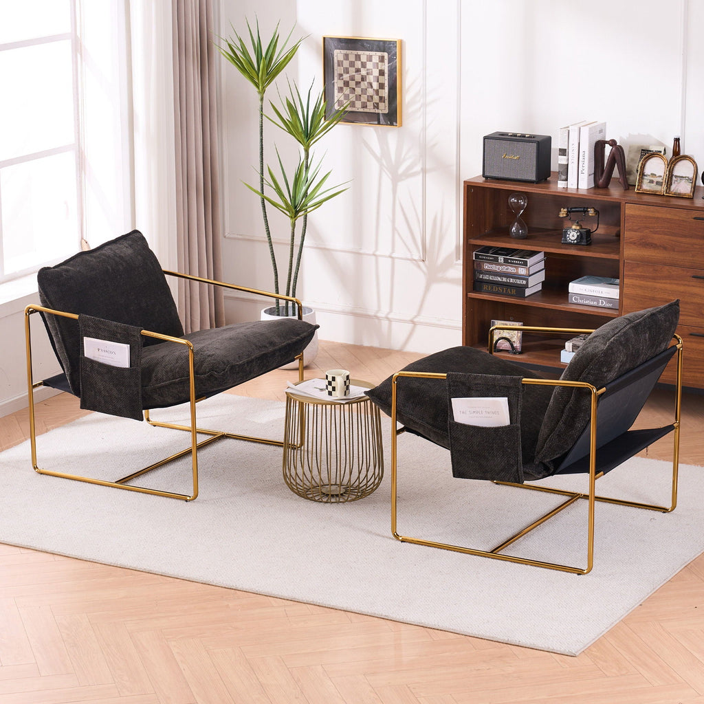 Upholstered Hanging Armchair With Arm Pocketsmetal Frame (Set of 2), Plated Craftsmanship, Crushed Foam Cushions And Skin-Friendly Woven Fabric For Living Room And Bedroom
