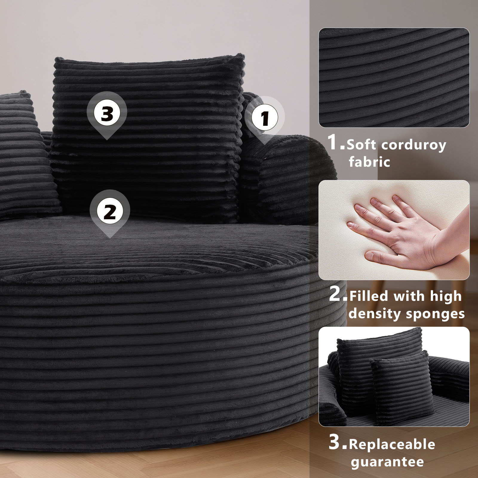 Round Sofa Bed With 3 Pillows For Living Room