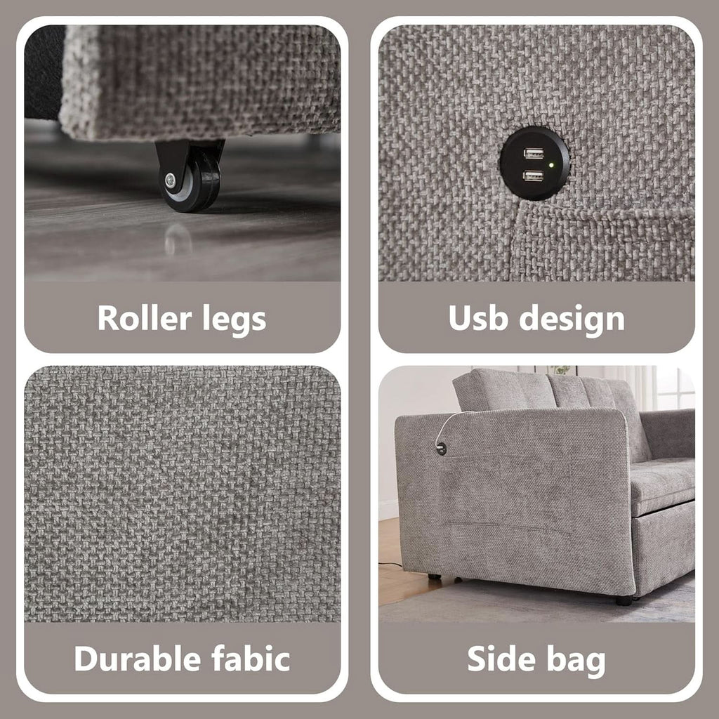 57 Inch Convertible Sofa Bed With USB Charging Ports Grey
