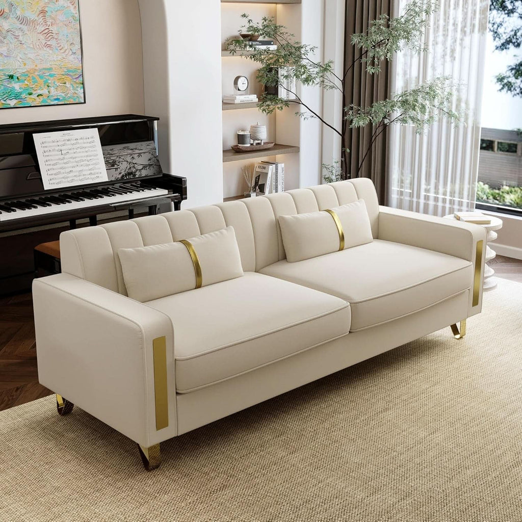 86 Inch Loveseat Sofa Set With Gold Metal Legs Beige Velvet Upholstery For Living Room