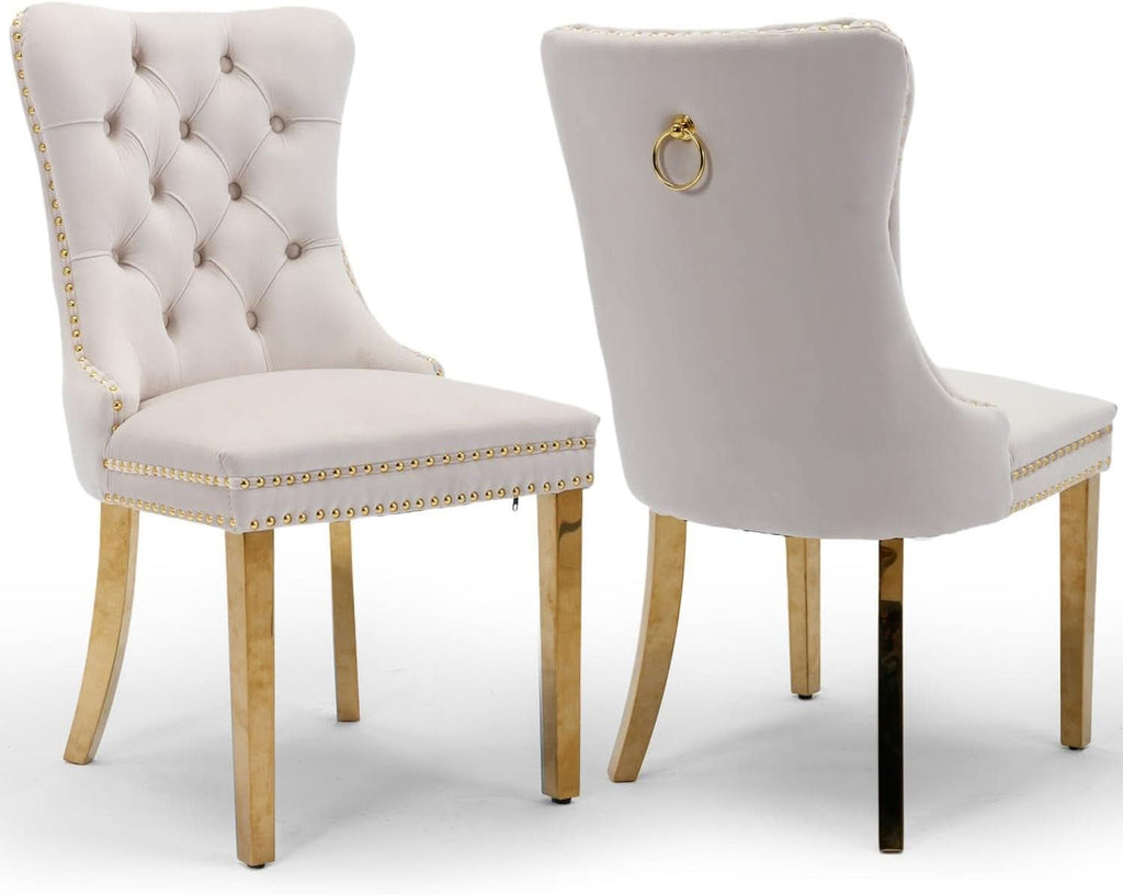 Beige Velvet Dining Chairs Set Of 2 With Tufted Upholstery