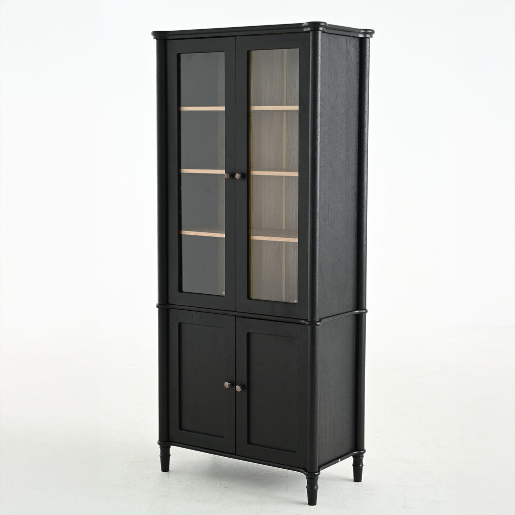 Vintage Display Cabinet With Double Glass Doors, Traditional Style For Collectibles, Ash Wood Veneer, 73.25" Tall - Black / Natural