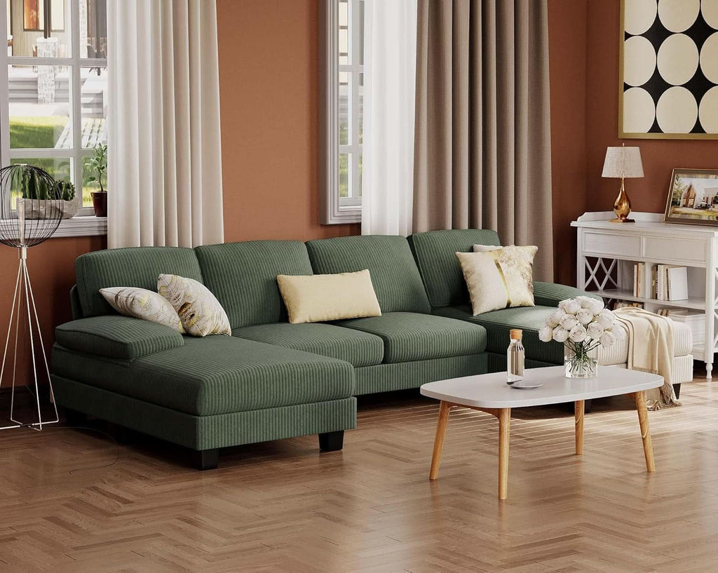 Dark Green Corduroy U Shaped Sectional Sofa 4 Seat Chaise