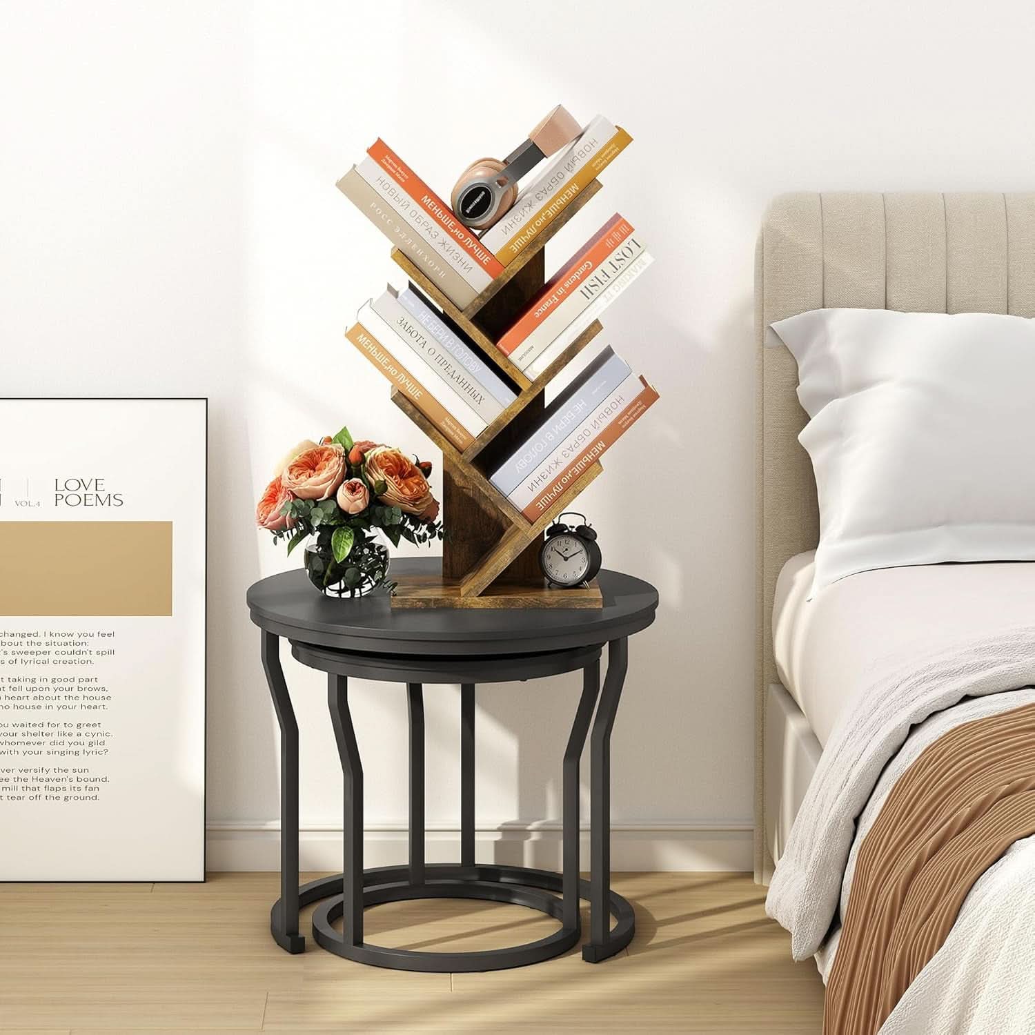 Rustic Brown 4 Tier Tree Bookshelf Free Standing Living Room