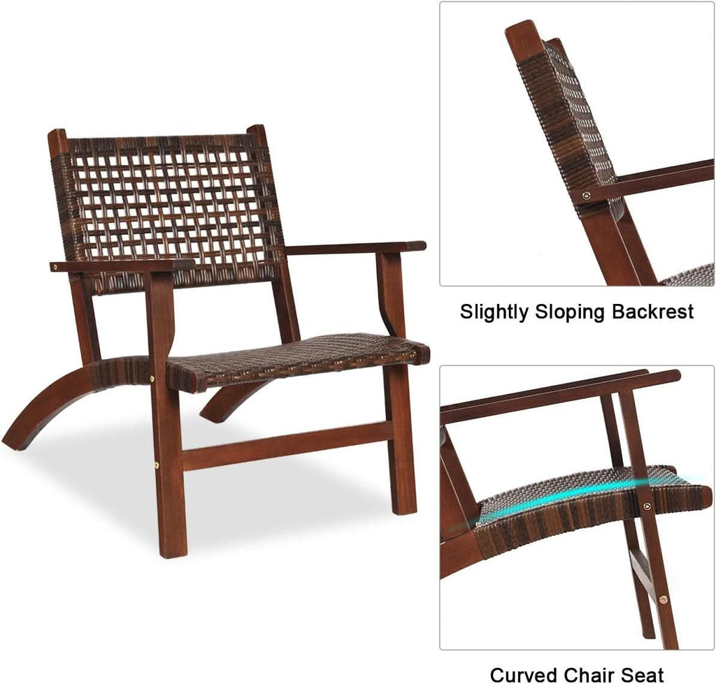 3 Piece Patio Conversation Set With Solid Eucalyptus Wood Frame And Brown Rattan Wicker