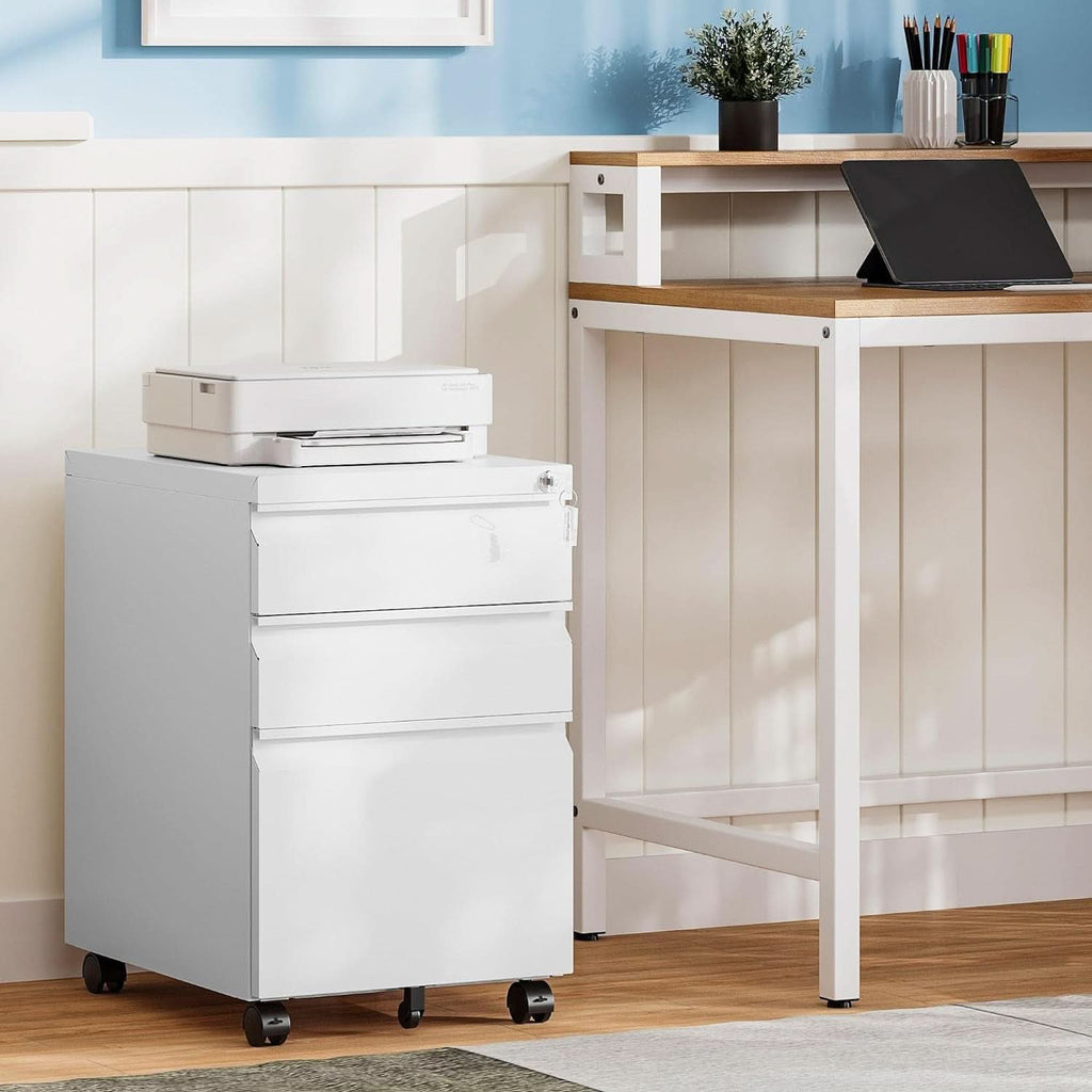 White 3 Drawer Filing Cabinet On Wheels With Lock For Home Office