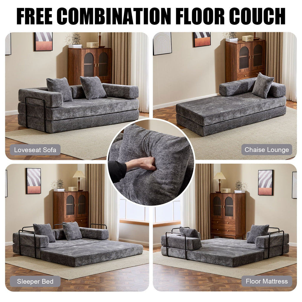 Convertible Floor Sofa Bed With Pillow Back Support Armrest