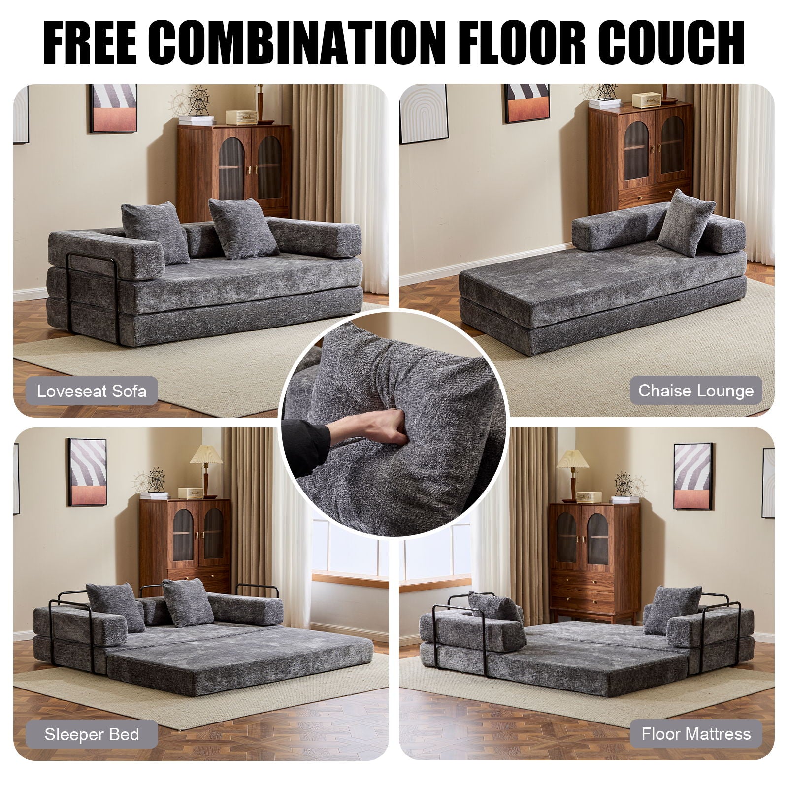 Convertible Floor Sofa Bed With Pillow Back Support Armrest