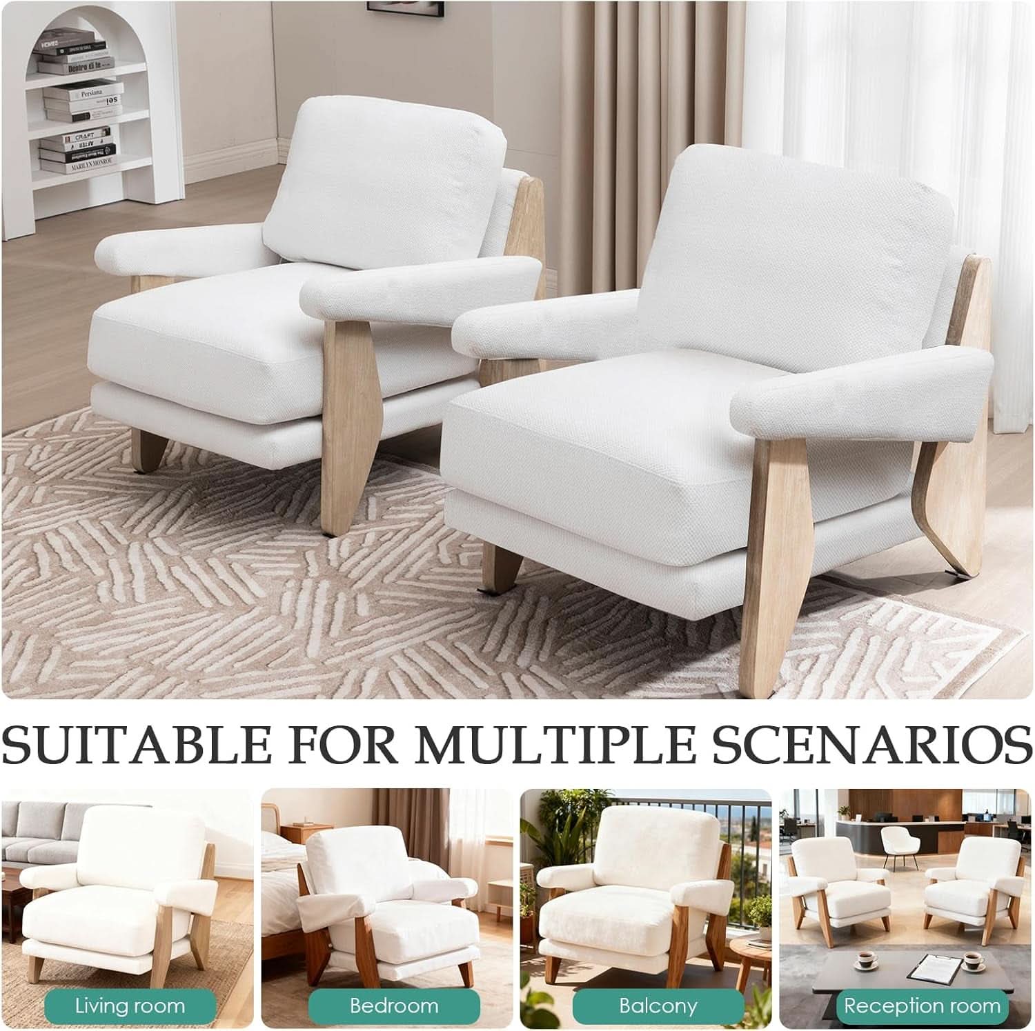 Ivory Chenille Accent Chair Solid Wood LivingRoomSet