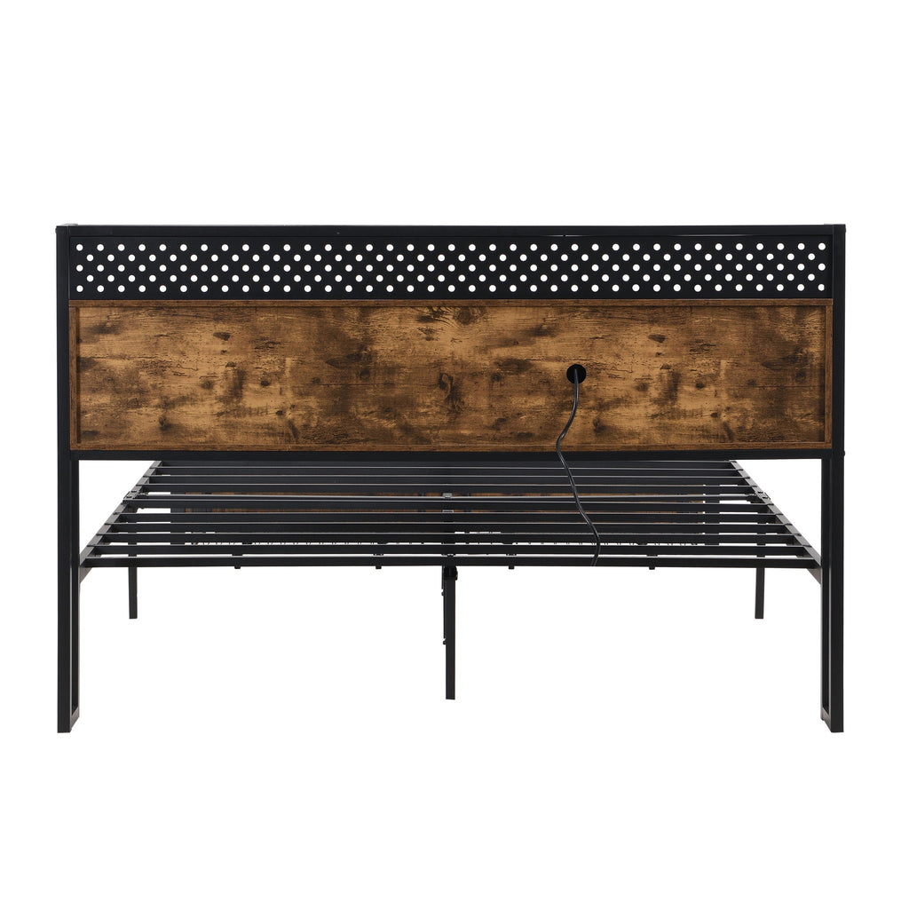 Modern Metal Platform Bed Frame With Wooden Headboard, USB Charging Station, Storage Drawers