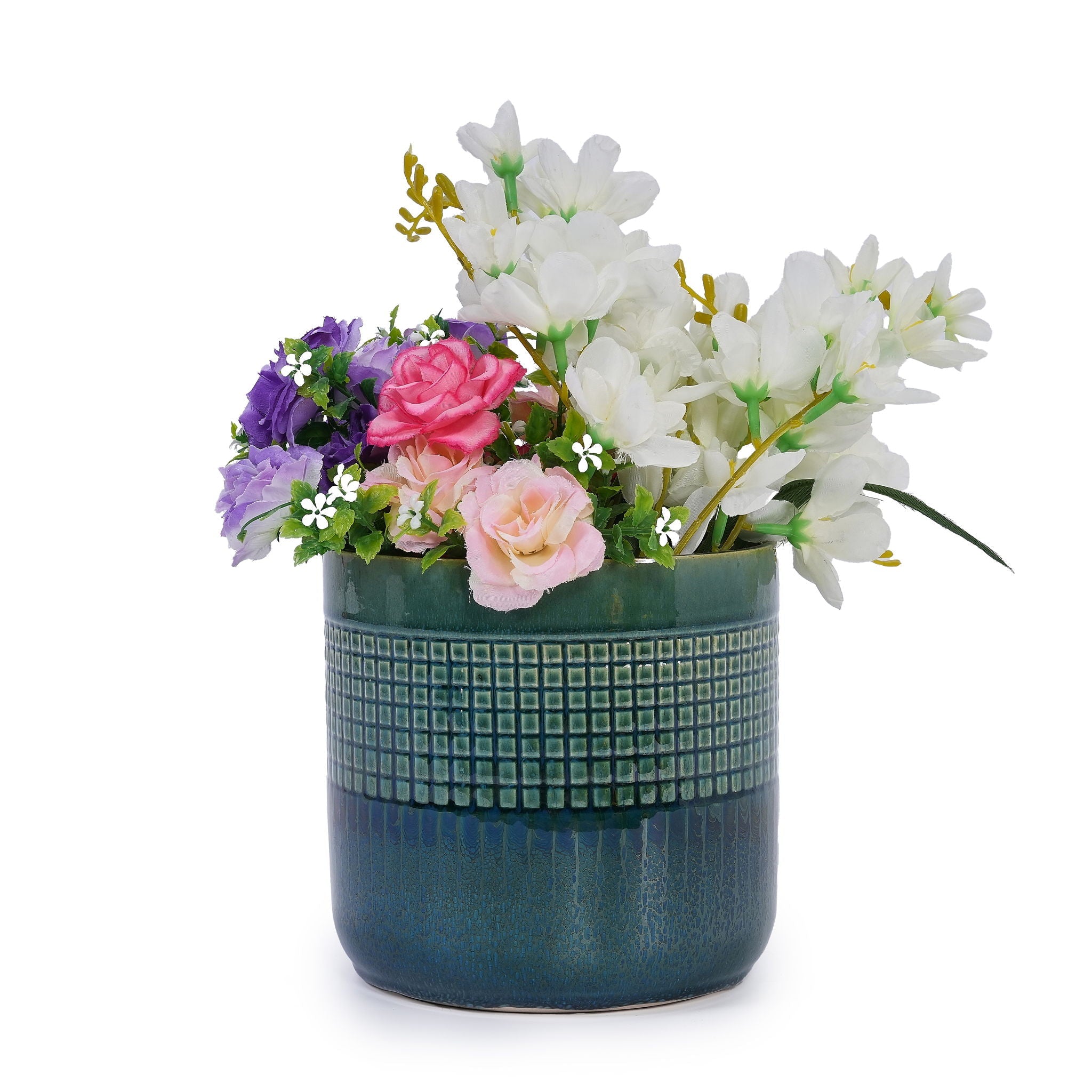 Grid Flowerpot (Set of 3), Planter For Patio, Garden, Windowsill - Blue / Green