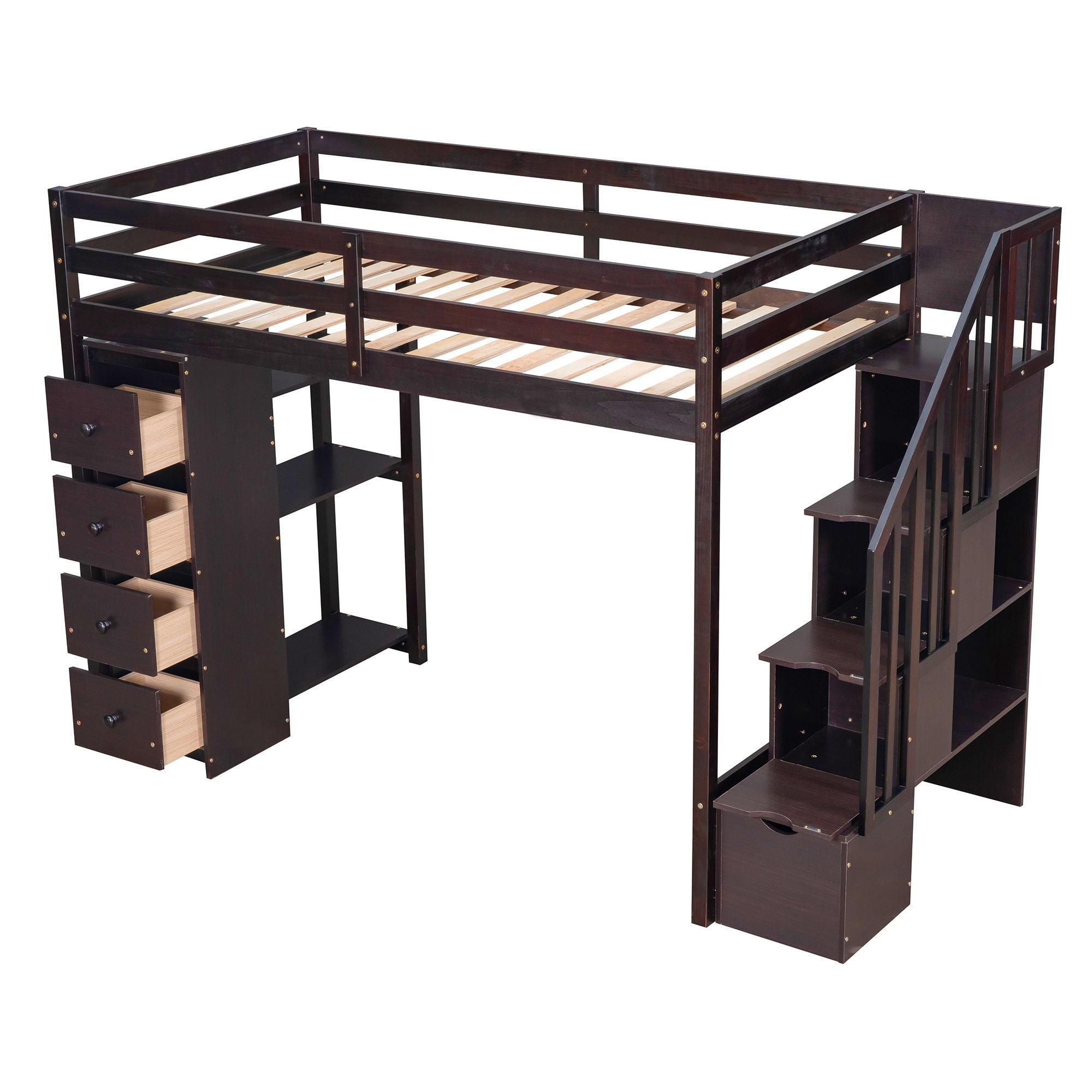 Loft Bed With Storage Drawers And Stairs With Shelves