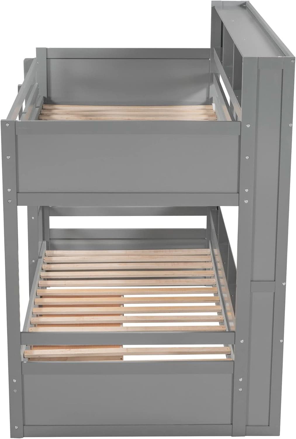 Grey Wood Twin Over Twin Bunk Bed With Storage Shelves And Drawer
