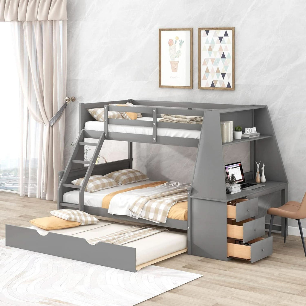 Gray Twin Over Full Bunk Bed With Trundle And Desk