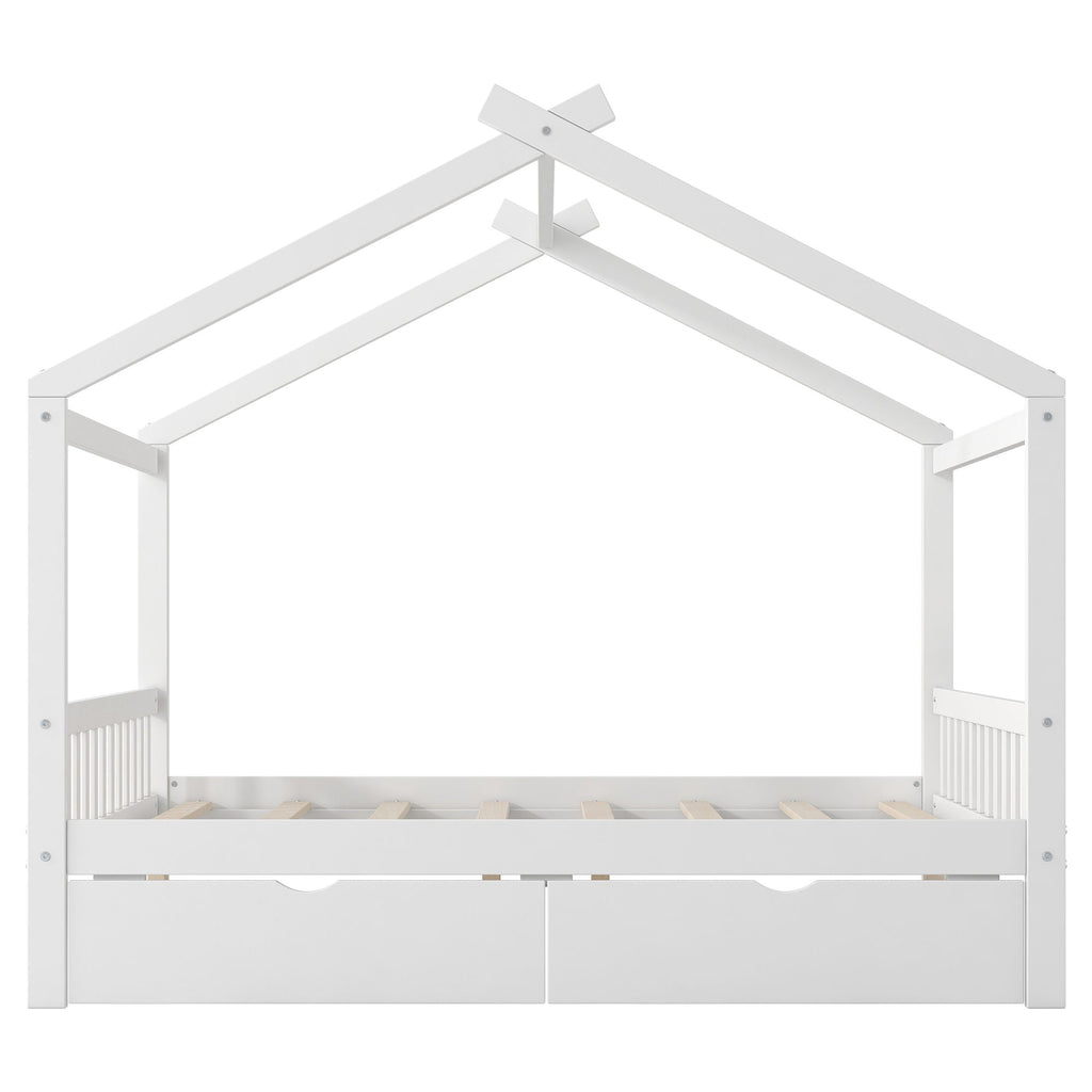 House Style Platform Bed With Headboard, Footboard, 2 Drawers, And Roof Design