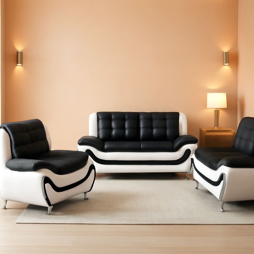 3 Piece Aldo Modern Faux Leather Sofa Set Black And White With Sofa Loveseat And Chair