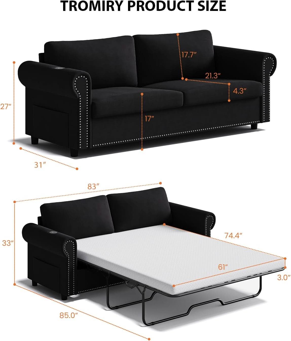Queen Sleeper Sofa Bed Black Ergonomic Contemporary