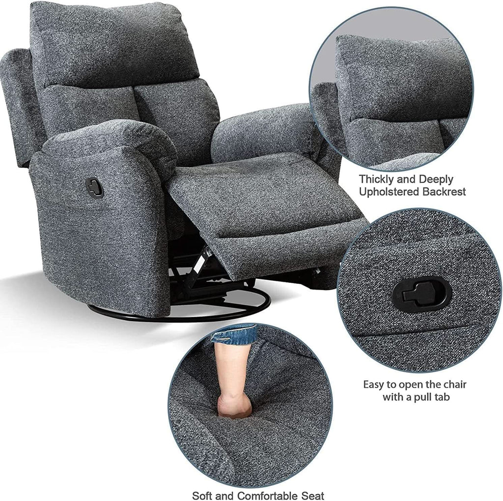 Swivel Rocker Recliner Chair Gray Fabric For Small Spaces
