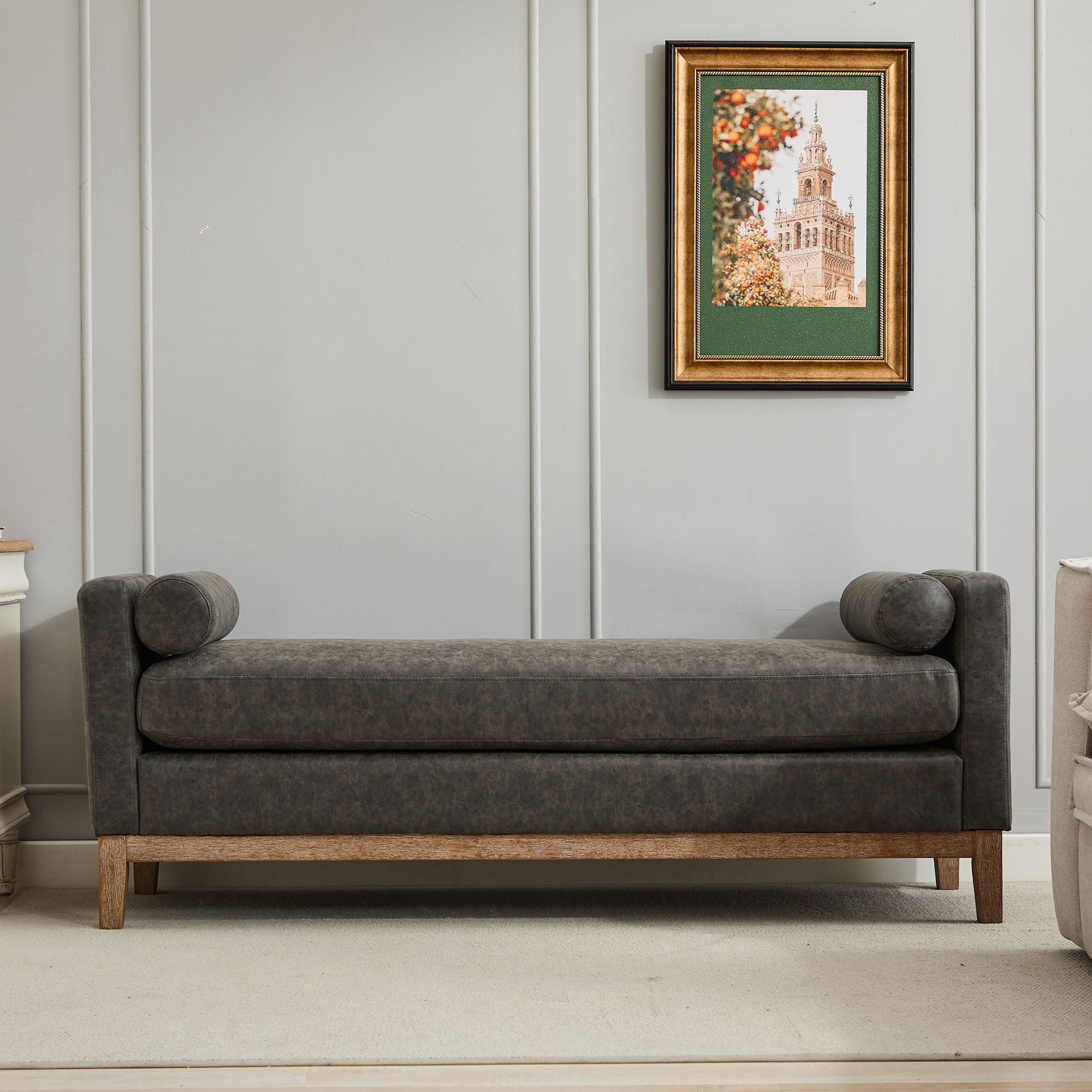 Elegant Upholstered Bench Daybed Ottoman With Bolster Pillows
